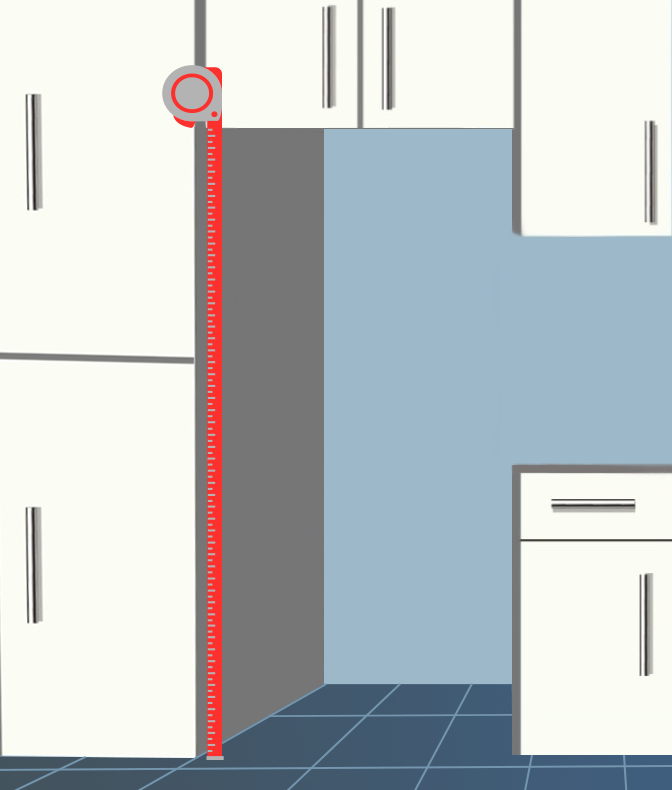 A kitchen space that the refrigerator will be placed in. The measuring tape is measuring from the floor to the bottom of the cabinet above the refrigerator.